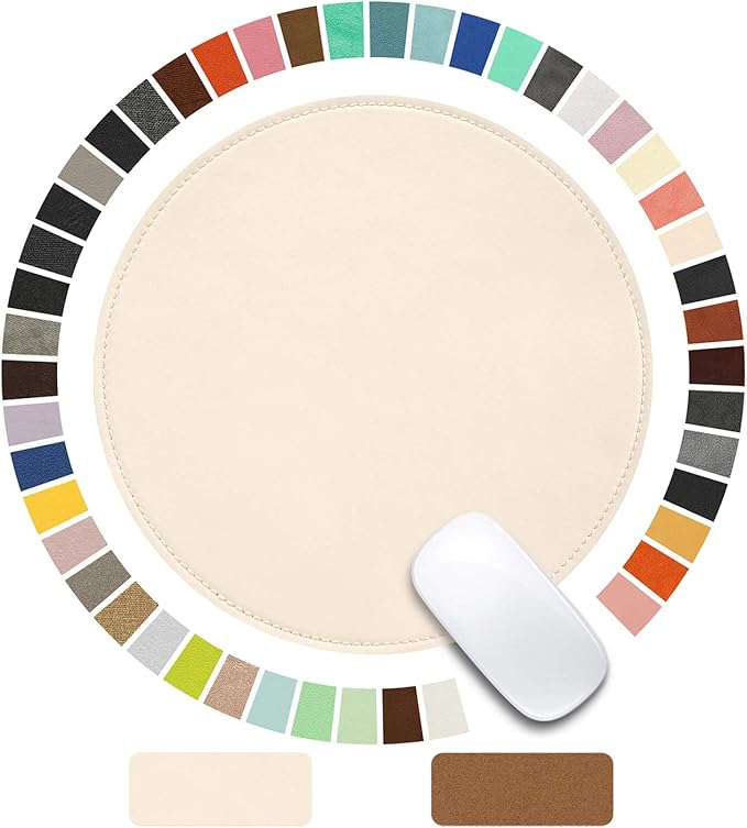 Mouse Pad，Round Mouse Pad，PU Mouse Pad，Leather Mouse Pad with Stitched Edge Micro-Fiber Base with Non-Slip Waterproof，Mouse Pad for Computers，Laptop，9 x 9 Inch (Milky White)