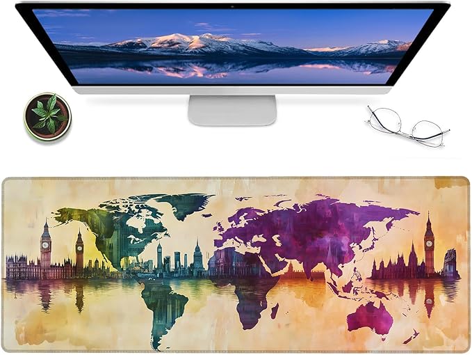 World Map Retro Gaming Mouse Pad – 12x31.5in Non-Slip Rubber Desk Mat with Vibrant City Skyline Design – Large Extended Mousepad for Office Home – Deskmat Gifts for Travel and Art Lovers Decor