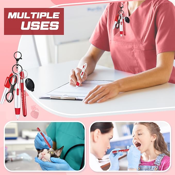 6 Pcs Nurse Pen Set Include Permanent Marker Pen Retractable Ballpoint Pen Keychain Clip Foldable Scissors Lights LED Flashlight Keychain for Nurse Accessories(Red)