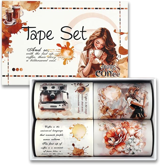 Dizdkizd Pre-Cut Coffee Themed PET Washi Tapes for Journaling, Scrapbooking, Vintage Aesthetic Tape Stickers for Junk Journal, Crafts, Planners, 4 Rolls