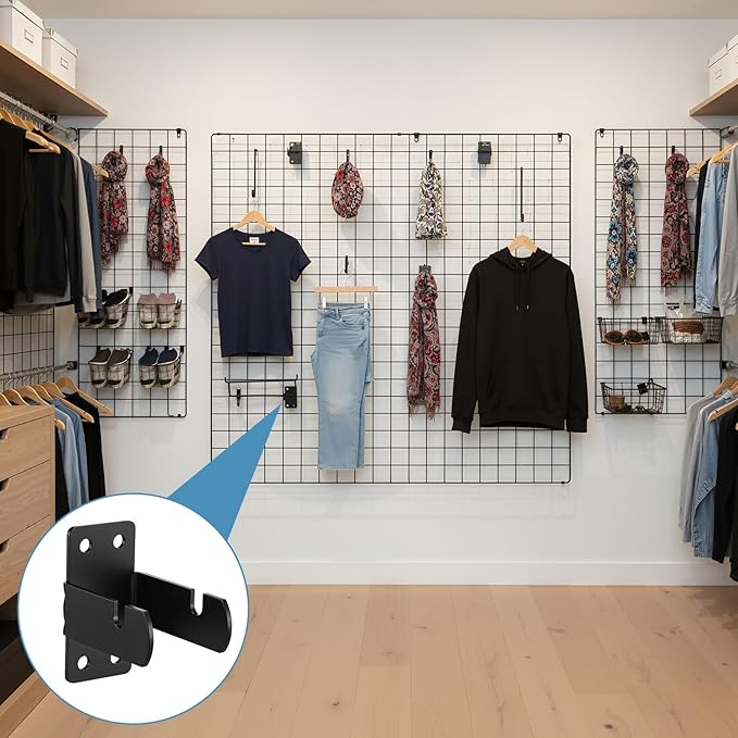 Thyle 12 Pack Gridwall Mount Brackets Metal Double Hook with Screws Wire Grid Panel Hooks Accessories for Warehouse Clothing Store Shop Cloakroom Retail Display Garage Office Wall Organization