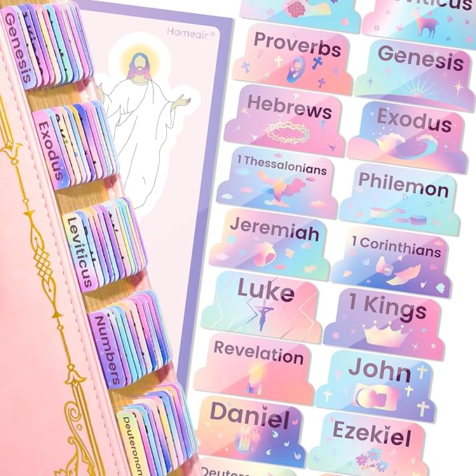 Bible Tabs with Unique Sticker, Bible Tabs for Women, Laminated Bible Tabs, Christian Gifts, Large Print Bible Tabs for Easy Navigation, Bible Index Tabs Labels, Bible Study Supplies (Rainbow)