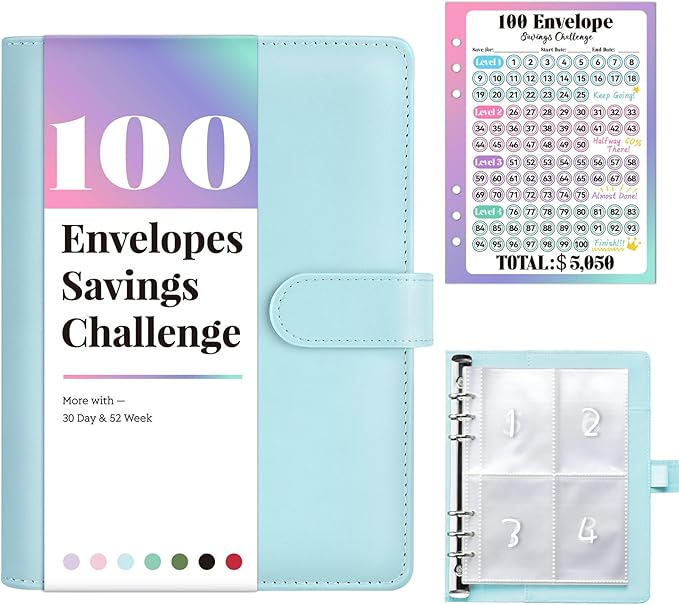 Sooez 100 Envelopes Money Saving Challenge, Savings Challenges Book with Envelopes, Flexible Saving $5050, $2600, $300, Savings Binder with 100 Pocket Pre-Number & Reusable Laminated Tracker