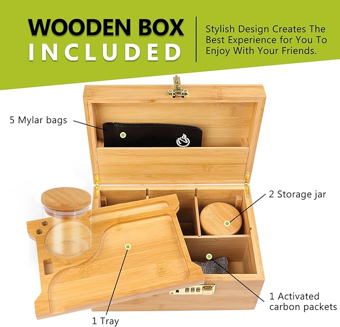OZCHIN Large Bamboo Box with Combination Lock Decorative box for Home Great Gift Choice Storage Lockbox with Storage Jar, Christmas Gifts for Men Women