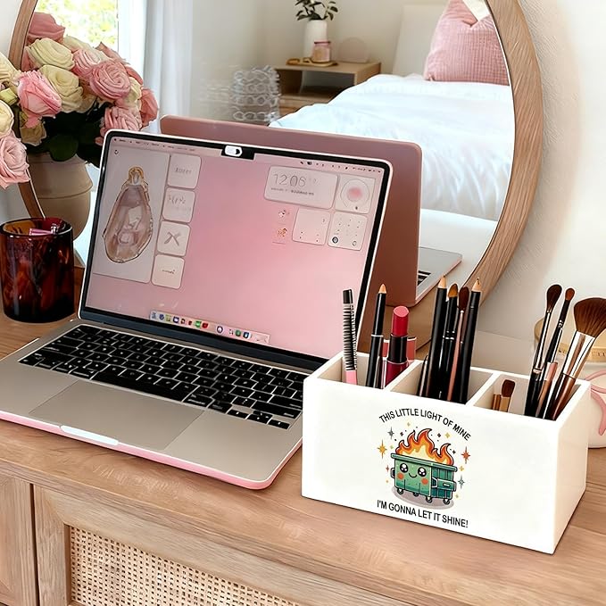 Funny Dumpster Fire Pen Pencil Holder for Desk, Coworker Gifts for Women Men, Dumpster Fire Gifts, This Little Light of Mine Wooden Box Sign Decorations for Office Workplace Desk Tabletop
