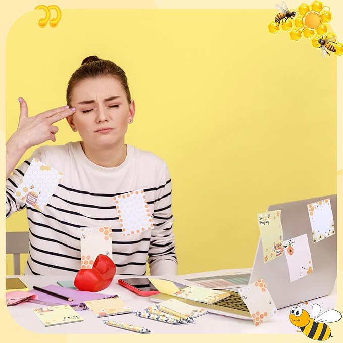 48 Pcs Bee Sticky Notes with Pens Bee Theme Stationery Set Cute Note Pads Adesive Memo Notes Honey Pattern Black Ink Ballpoint Pens for School Office Home Supplies Students Teachers Christmas
