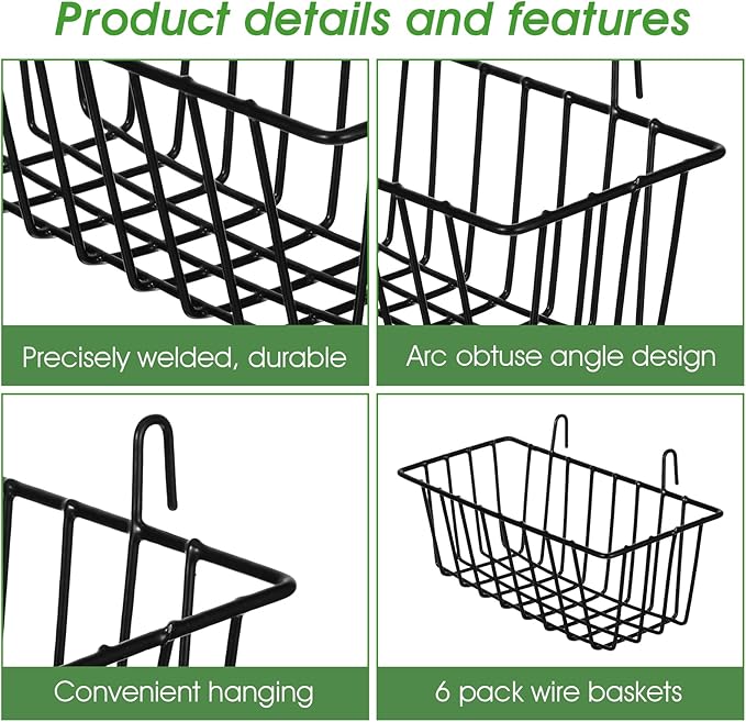 6 Pack Wire Baskets, Hanging Basket for Wall Grid Panel Organizing, Display Wall Baskets for Kitchen, Home Decor, Grid Accessory, Black