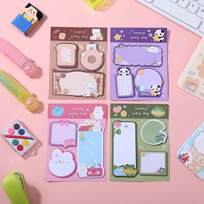 4 Pack Sticky Notes Kawaii Animal Posted Notes Set 240 Sheets Animals Shape Markers Flags Self-Stick Memo Pads Kawaii Small Self-Stick Note Pad for Office Roommates Home Kids Students