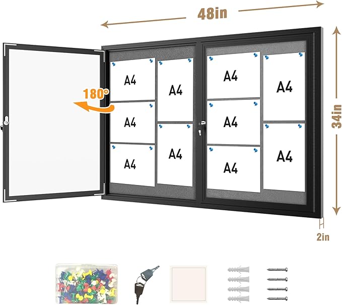 Mifuro 48"x34" Enclosed Bulletin Board, Outdoor Lockable Weather-Resistant Aluminum Cork Noticeboard for School & Office, Black Frame w/Grey Flet