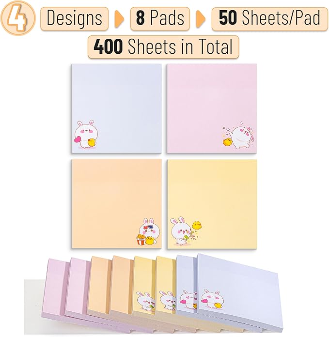 Mr. Pen- Sticky Notes, 3”x3”, 8 Pads, 400 Sheets, Cute Rabbit Sticky Notes