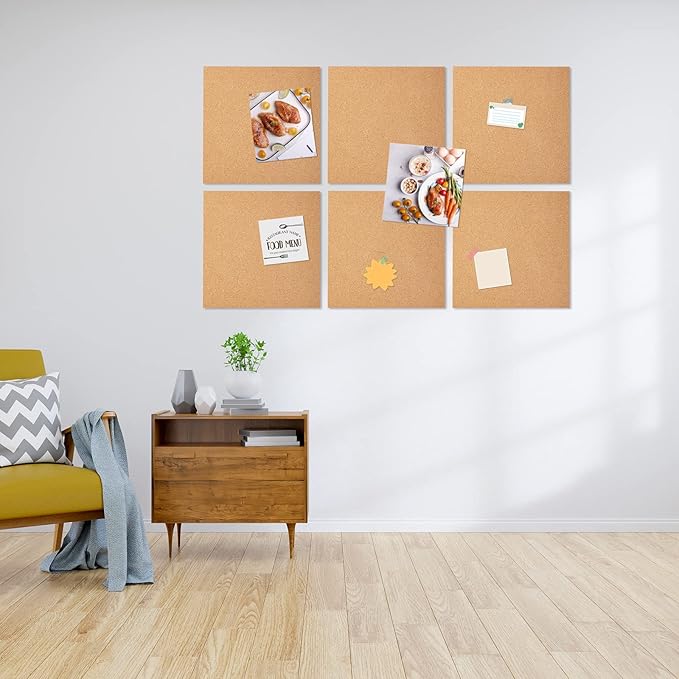 6 Pack Cork Bulletin Board 12 x 12 Inch - 1/2" Thick Cork Board Tiles,Self-Adhesive Frameless Cork Tiles Wall Decor with 50 PCS Pushpins for DIY, Office, School and Home Decor