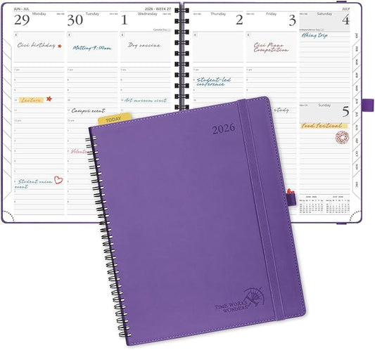 POPRUN 2026 Planner (Large - 8.5" x 10.5") with Hourly Schedule & Vertical Layout - 2026 Weekly Calendar (Jan. 2026 - Dec.2026) for Time Management, Monthly Tabs, Spiral Bound, Soft Cover - Purple