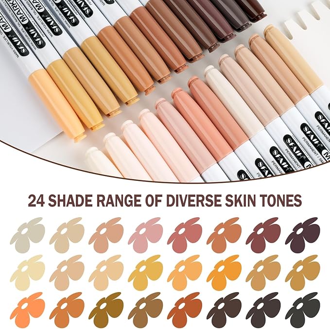 SFAIH 24 Skin Tone Permanent Markers - Assorted Portrait Colors, Fine Tip Alcohol-Based Marker for Portrait, Figure, Animals, Trees Painting, Coloring Book, Decorate Wood, Quick Drying, Fade Resistant