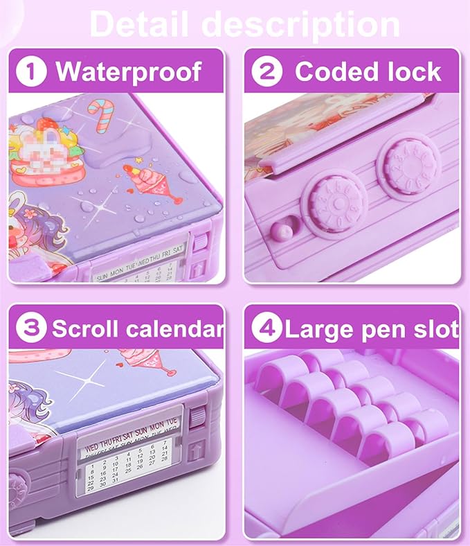 Pop up Multifunction Pencil case for Kids kawaii Pencil Case Pencil Holder for School Students supplies for girls Cute Pencil box for Girls with Sharpener Password Lock Schedule Whiteboard (purple)