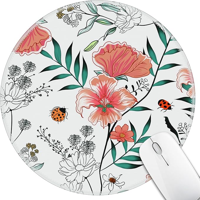 Floral Plants Mouse Pad for Desk, Small Cute Mousepad with Non-Slip Base, Round Mouse Pads for Wireless Mouse Laptop Gaming, Computer Mouse Mat for Office Decor Desk Accessories Supplies