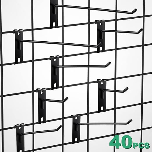 Amyhill 40 Pcs Metal Gridwall Hooks 4/6/8/10 Inch Display Hooks for Grid Wall Panel Black Grid Panel Hanging Hook for Retail Home, Workspace Organization, Garage, Trade Show, Storage Solutions
