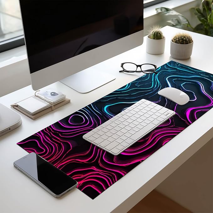 Large Mouse Pad Gaming Mousepad 31.5 x 11.8 Inch Keyboard Desktop Mat Diatomite XL Mouse Pad for Home and Office Desk Accessories with Neon Abstract Wave Pattern Artwork Diatomite