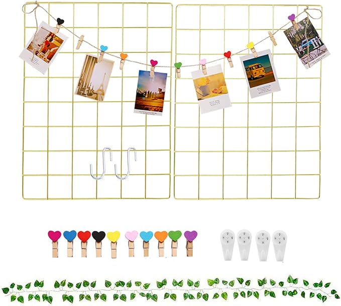 DIJIAHUA 2 Pack Wall Grid Panel Wire Photo Wall Pictures Display Board with Accessory Wall Storage Organizer Memo Board Over Desk Décor for Home, Office and Dorm (Gold)