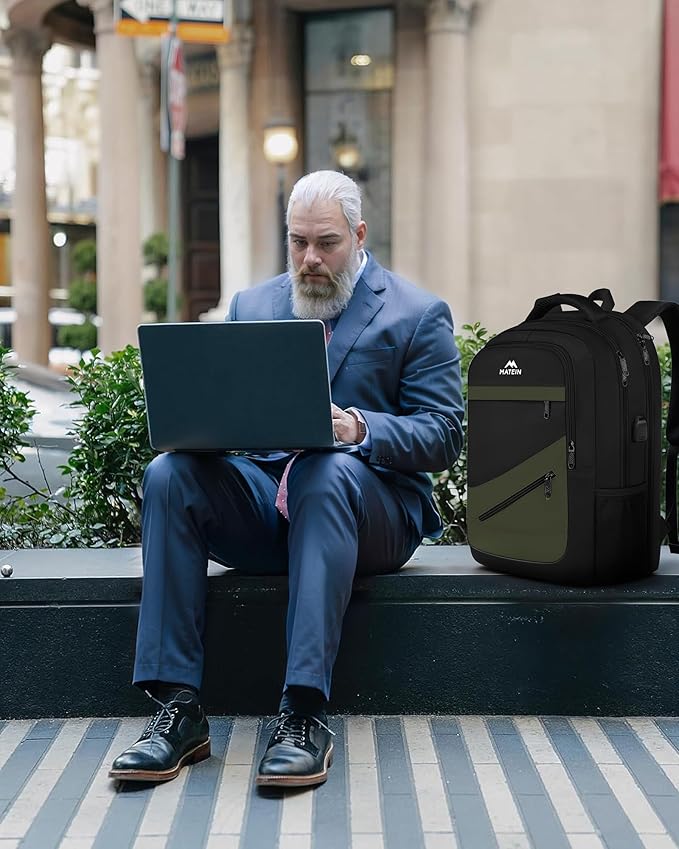 MATEIN 17 Inch Laptop Backpack for Work, Airline Approved Carry On Travel Backpack with USB Charging Port and Luggage Strap, Water Resistant College Computer Daypack Gifts for Men Women, Black Green