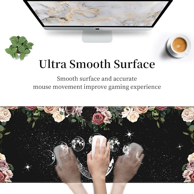 Pale Roses Moon Phase Witchy Tarot Black XXL XL Large Gaming Mouse Pad for Desk, Non-Slip Long Extended Keyboard Pads Mousepad Rubber Table Mat 31.5 X 11.8 Inch