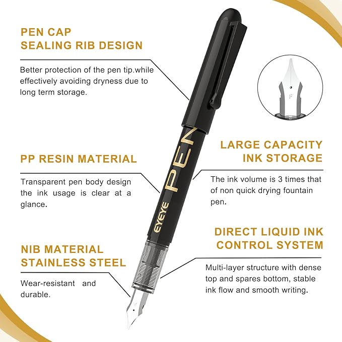EYEYE Disposable Fountain Pens Fine Point, 4 Black 4 Blue Fountain Pens or Writing, Stainless Steel Nib, Smooth Writing for Journaling, Drafting, Sketching, Doodling & Office Supplies