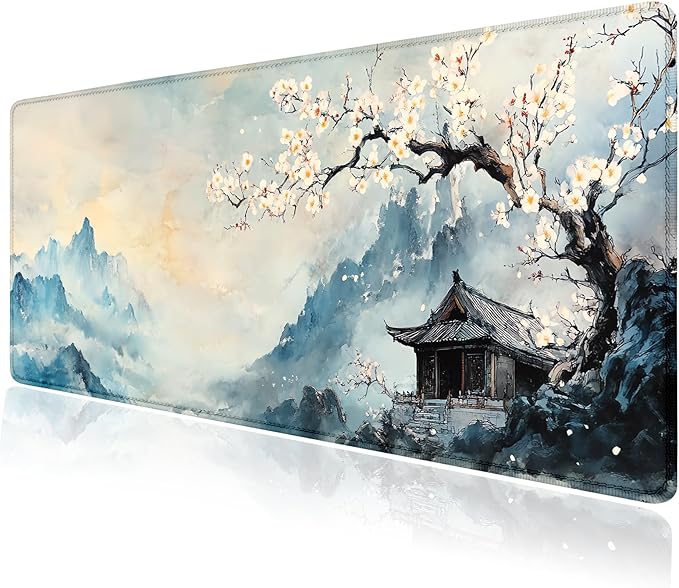 Large Cherry Blossom Japanese Mouse Pad, Desk Mat Computer Keyboard Pad Non-Slip Rubber Base Waterproof with Stitched Edges for Laptop Gaming, Office & Home 31.5 x 11.8 Inch