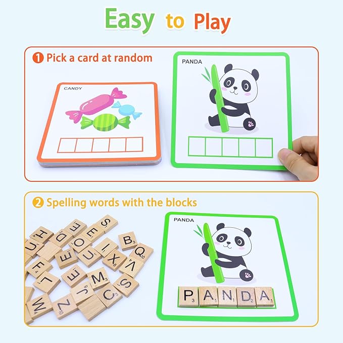 Spelling Games, Sight Word Games for Kids 3-8, 30 Double-Sided Alphabet Flash Cards, 100 Wooden Letters, Preschool Learning Activities Toys, Montessori Educational Toys Gifts for Kids