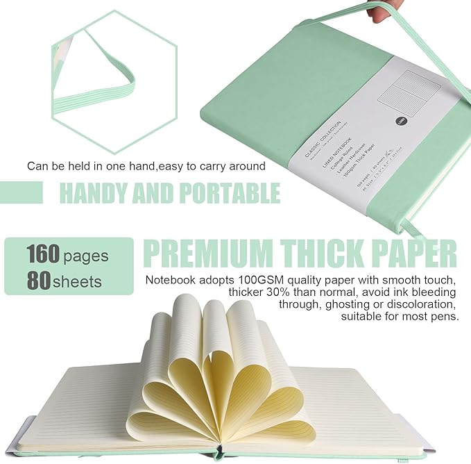 Lined Journal Notebook, 6Pack Hardcover Notebook for Men & Women – Journals for Writing, Work, School, Home & Daily Notes, 160 Pages – Medium A5, 5.7"x8", 100 gsm Thick Paper (Eggshell Green)