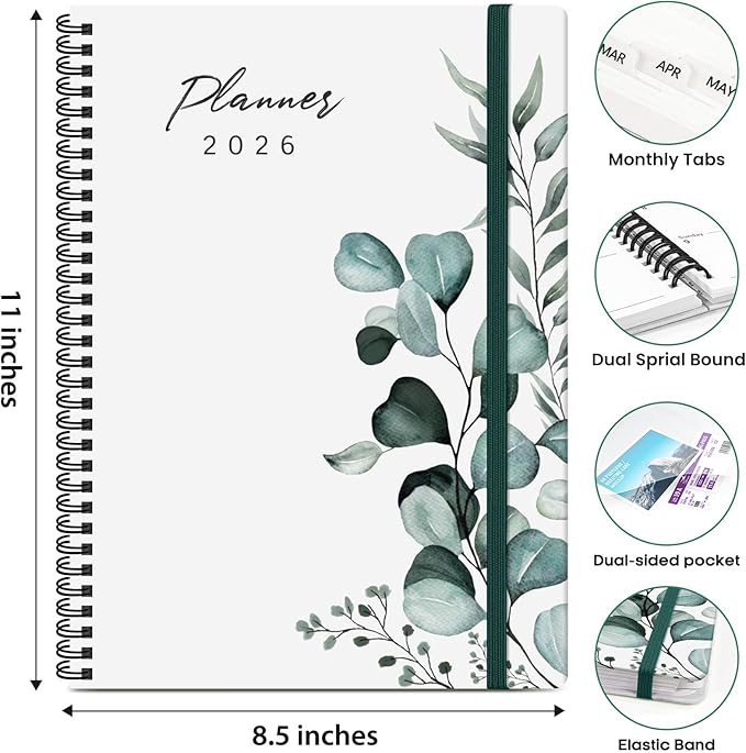 2026 Planner, Weekly and Monthly Calendar Planner Book, January 2026 - December 2026, Hardcover Spiral Planner with Monthly Tabs, Notes Pages, Perfect for Women & Men, A4 (8.5" x 11") - Leaf
