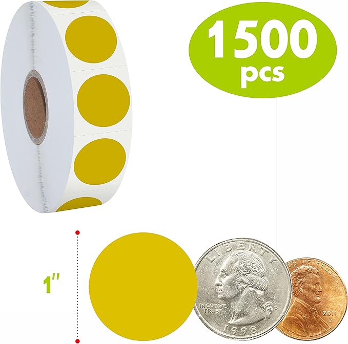 1500 PCS Gold Round Color Coding Circle Dots Inventory Stickers Labels with Perforation Line in Roll (Each Measures 1" in Diameter)