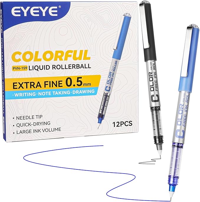 EYEYE Rollerball Pens 0.5mm, 6 Black 6 Blue Extra Fine Point Needle Tip Pen Quick Dry, Liquid Ink Pens Fine Point Smooth Writing Pen for Journaling, Note Taking, Office, School Supplies