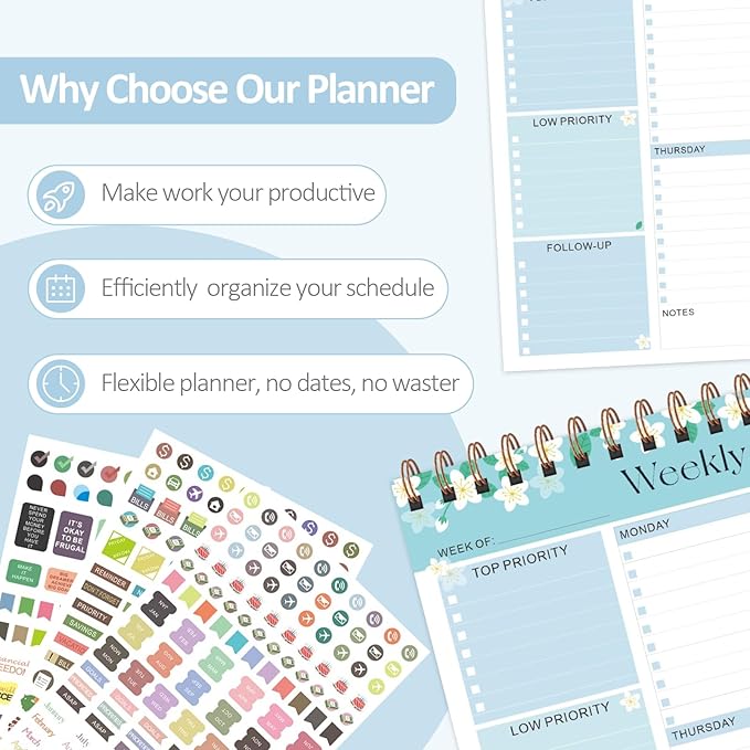 ROZZBY Weekly To Do List Notepad with 52 Undated Sheets (8.5"×11"), Desk Weekly Planner Notepad for Office Desk Accessories and School Supplies (Blue)