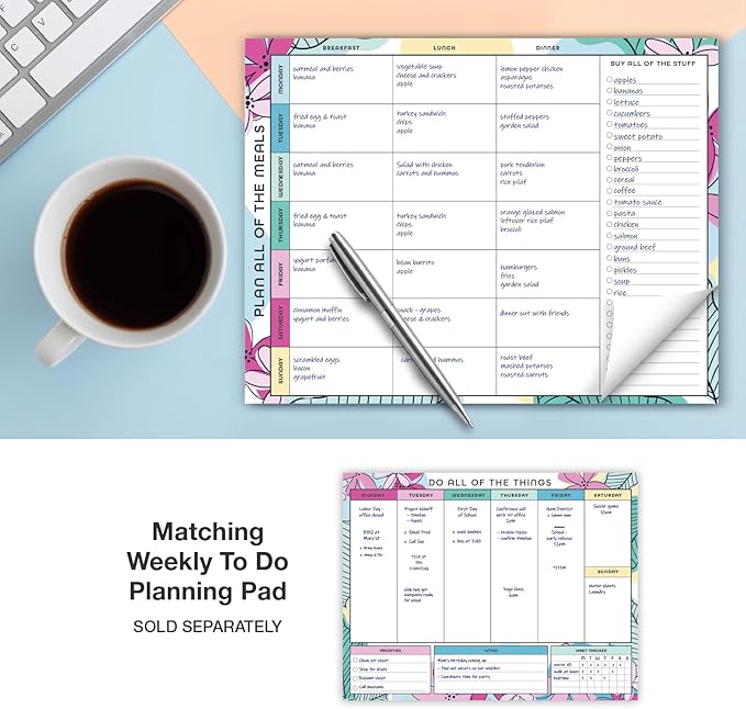 Global Printed Products 8.5" x 11" Horizontal Meal Planning Pad, 60-Sheets, Sketched Floral