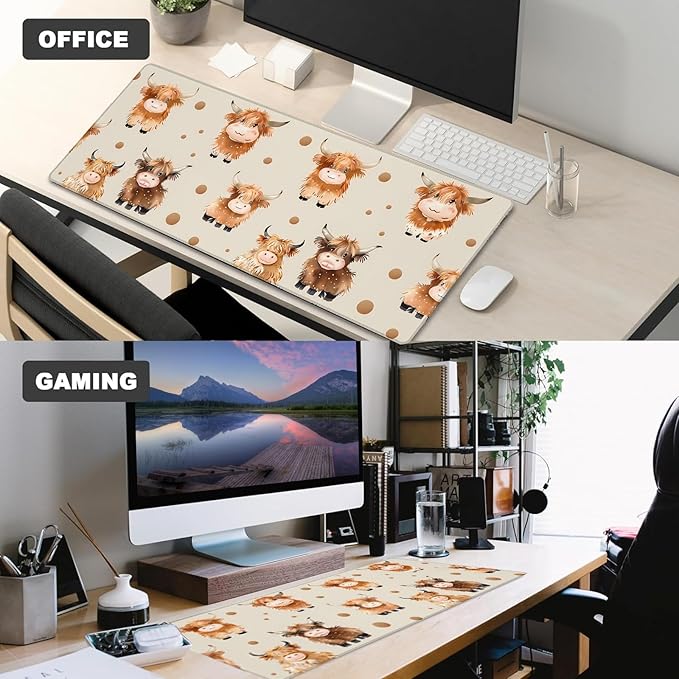 Cute Highland Cow Gaming Mouse Pad – 12x31.5in Large Extended Desk Mat with Dots Cartoon Design – Non-Slip Rubber Mousepad for Office Home – Deskmat Gifts for Animal Lovers Decor