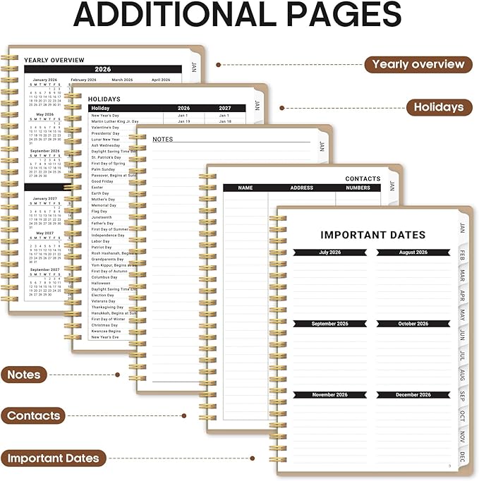 2026 Planner, Weekly and Monthly Calender Planner, Jan 2026 to Dec 2026, Hardcover 2026 Calendar Book with Tabs & Inner Pocket, Office Home School Supplies for Women & Men - A5 (6.3" x 8.5"), Oat Brown