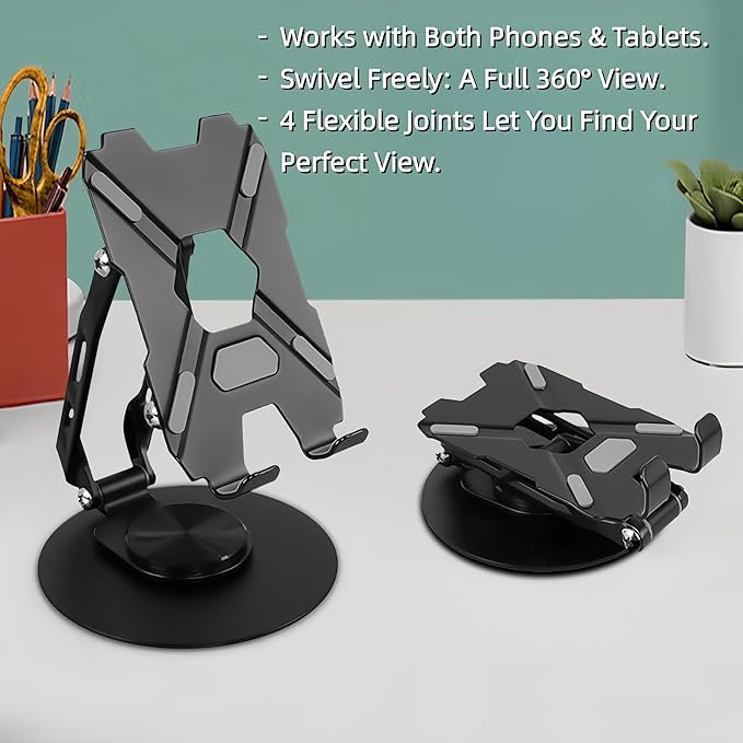 All-Metal Cell Phone Stand 360° Rotatable & Height Adjustable - 25KG Super Load-Bearing, Foldable Desk Stand for Phone & Tablet, Compatible with iPhone 17/16/15/14, Nintendo Switch, Black