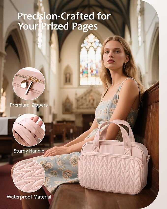 Bible Cover Case for Women, Large Bible Bag with Study Supplies, Bible Journaling Kit with Highlighters and Pens No Bleed, Christian Gift for Women (Shoulder Strap, Light Pink)