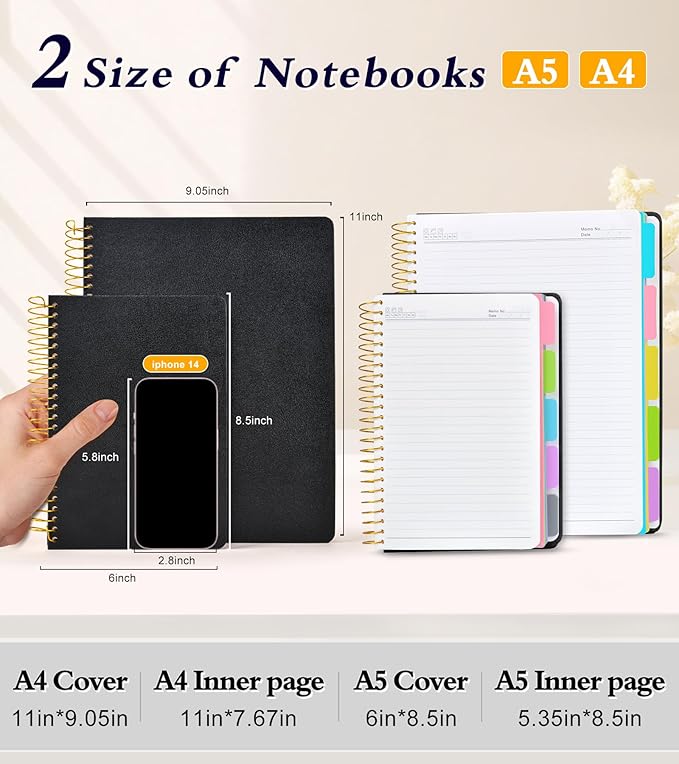 5 Subject Notebook College Ruled, A5 Hardcover Spiral Notebook with Removable Pocket Dividers Tabs, 240 Pages Lined Spiral Journal Notebook for Women, 6x8.5 Notebooks for Work School Note taking Black