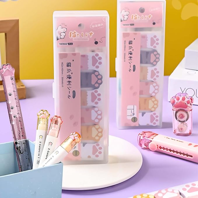 Cat Stationery Set, Cute Stationery Kawaii Retractable Erasers for Kids, Correction Tape Aesthetic, Cat Paw Ruler 15cm, Cute Pens, Sticky Notes Cute, School Supplies for Girls (White)