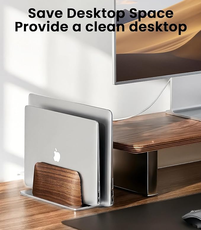 𝟮𝟬𝟮𝟲 𝗨𝗽𝗴𝗿𝗮𝗱𝗲𝗱 Aluminum Vertical Laptop Stand, [Black Cedar Wood Dual-Slot], Desktop Adjustable MacBook Stand, Adjustable Base, for MacBook Pro/Air, (up to 17.3-inch Gaming laptops)