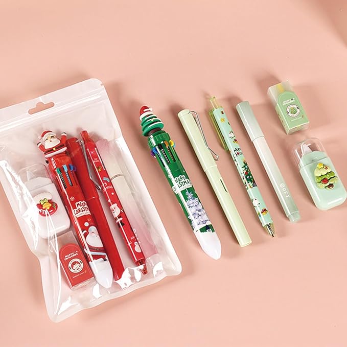 6 Pcs Cute Christmas Stationery Set for Women Men Xmas School Supplies Office Supplies Including Gel Ink Pens Ballpoint Pens Pencil Eraser Christmas Gift (Xmas-Green)