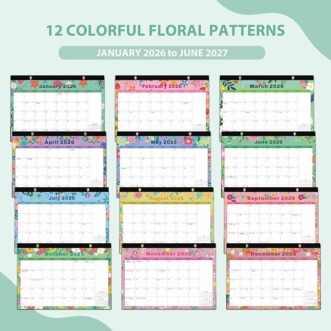 2026 Desk Calendar, Monthly Desk Pad Calendar, Jan 2026 - Jun 2027, Large Size 17"x12" Table Planner with Protect Paper, Stickers, Office Supplies and Desk Accessories for Women (Flower-E)