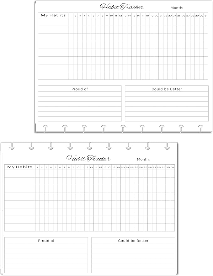 Horizontal Habit Tracker Inserts for 7, 9, 11 Disc | Mini, Classic, Skinny, Big, Letter, Junior Size Planners | Color or Black & White | Monthly Habit Log (Black & White, 9-Disc Classic)