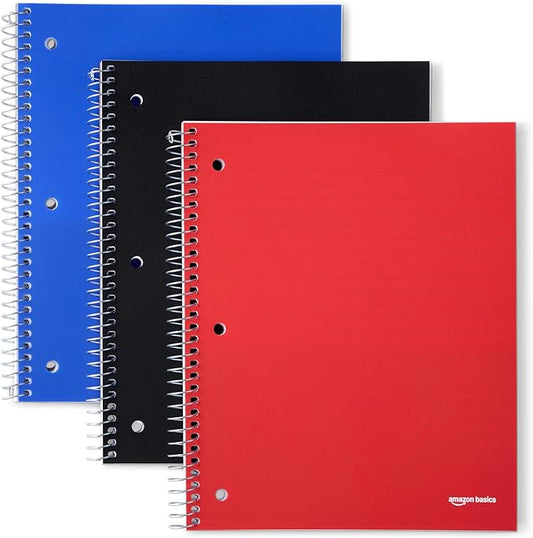 Amazon Basics Wide-Ruled Spiral Notebook with Pocket Divider, Poly Cover, For Work and School, 100 Sheets, 8.5" x 10.5", Assorted Primary Colors, 3-Pack