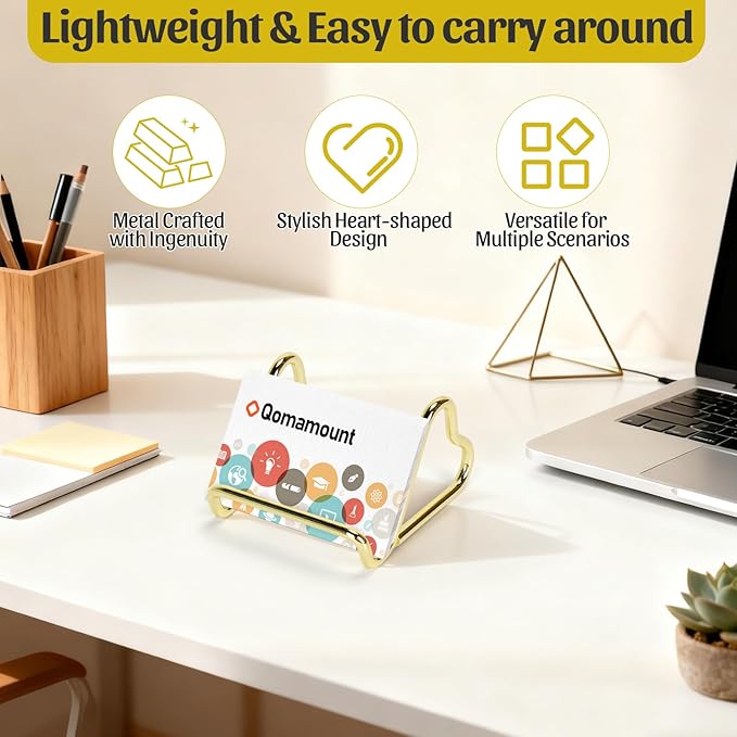 Qomamount Business Card Holder,Cute Heart-Shaped Metal Card Display Stand,Vertical Desktop Name Card Organizer,Small Phone Stand & Photo Holder for Office,Wedding,Reception,Exhibition(Gold)