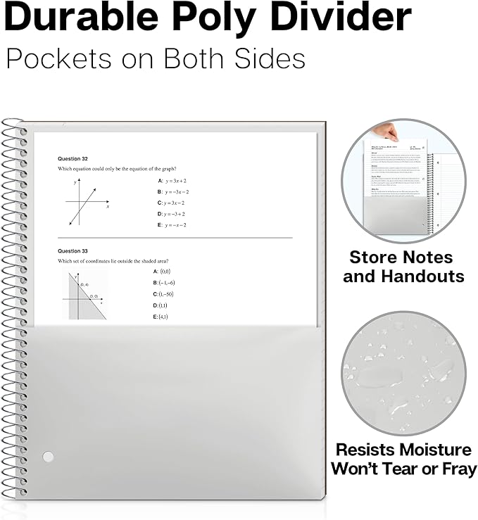 Dunwell College Ruled Spiral Notebook (Black), 1 Subject Notebook 8.5 x 11 for School, Plastic Cover, Pocket Divider, 100 Sheets (200 Pages), 3-Hole Punched Perforated 8 1/2 x 11 Paper