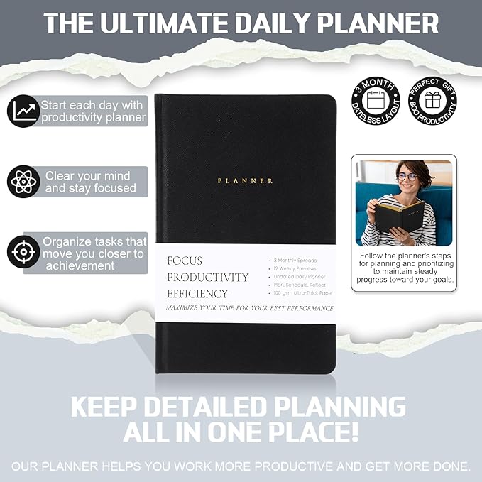 Productivity 2026 Planner Undated Daily Weekly Monthly Time Management & Organization Goal Achievement for Professionals & Students Workers(Black)