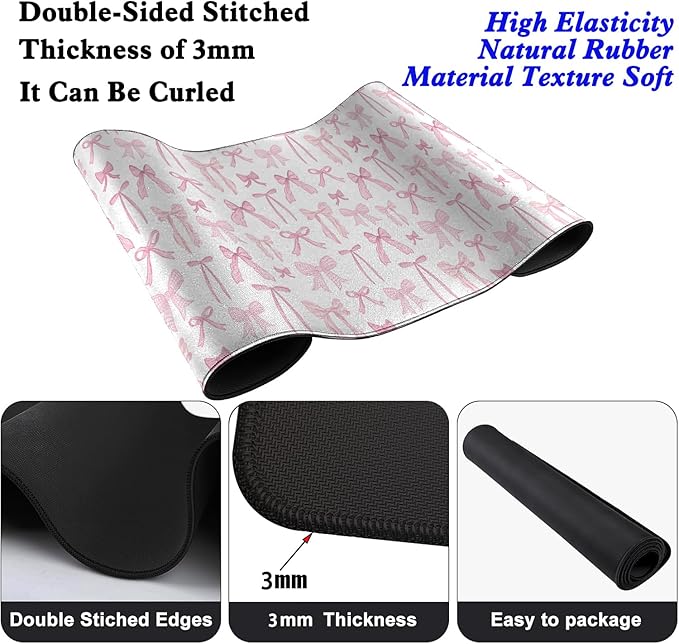 Pink Bow Desk Pad Mouse Pad,Large XL Mouse Mat with Stitched Edges,Non-Slip Rubber Base Mousepad for Office PC Keyboard Laptop and Home Work Desk Mat(31.5X11.8 in)