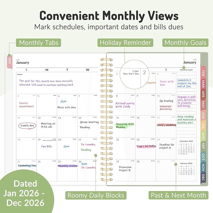 2026 Planner Weekly and Monthly, Jan - Dec 2026, 6.3" x 8.4”, Small Agenda Planner for Women, Aesthetic Calendar Planner with Spiral Bound, Month Tab, Flexible Cover for School, Office (A5, Beige)