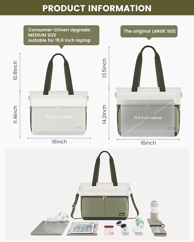 LOVEVOOK Upgrade Version Work Bags for Women 15.6 Inch Laptop Bag Large Capacity Mutiple Pockets Teacher Bag Water Resistant Canvas Tote Bag Purse for Office Travel College Nurse Teacher, Green Beige